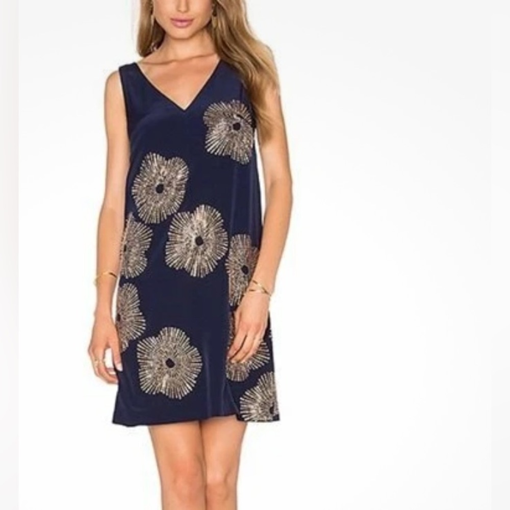 Trina Turk Navy Blue Gold Studded Glitterati Silk Vneck Dress